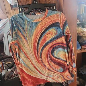 Relaxed Graphic Long Sleeve Blouse in Green and Orange MEDIUM